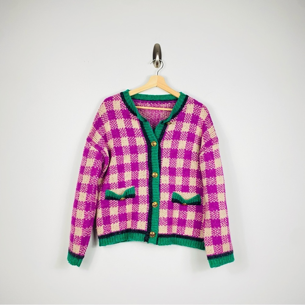 Color Contrast Plaid Knit Cardigans​